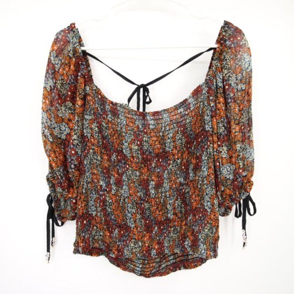 NWT Free People Back On Top Puff Sleeve Crop Top Smocked Dark Combo Beaded Large